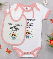 BK Kids Patron Benim Tasarımlı Pembe Bebek Body Zıbın ve Mama Önlüğü Hediye Seti-1