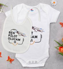 BK Kids Pilot Olucam Tasarımlı Beyaz Bebek Body Zıbın ve Mama Önlüğü Hediye Seti-1