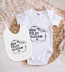 BK Kids Pilot Olucam Tasarımlı Beyaz Bebek Body Zıbın ve Mama Önlüğü Hediye Seti-1