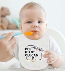BK Kids Pilot Olucam Tasarımlı Beyaz Bebek Body Zıbın ve Mama Önlüğü Hediye Seti-1