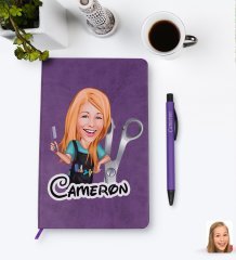 Kişiye Özel Kadın Kuaför Karikatürlü Mor Termo Deri Defter Kalem Seti Model 1