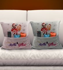 BK Gift Kişiye Özel Yılbaşı Karikatür Tasarımlı 2'li Organizer Kumanda ve Atıştırmalık Cepli Pembe&Gri Kırlent Yastık- 4, Yılbaşı Hediyesi, Yeni Yıl Hediyeleri