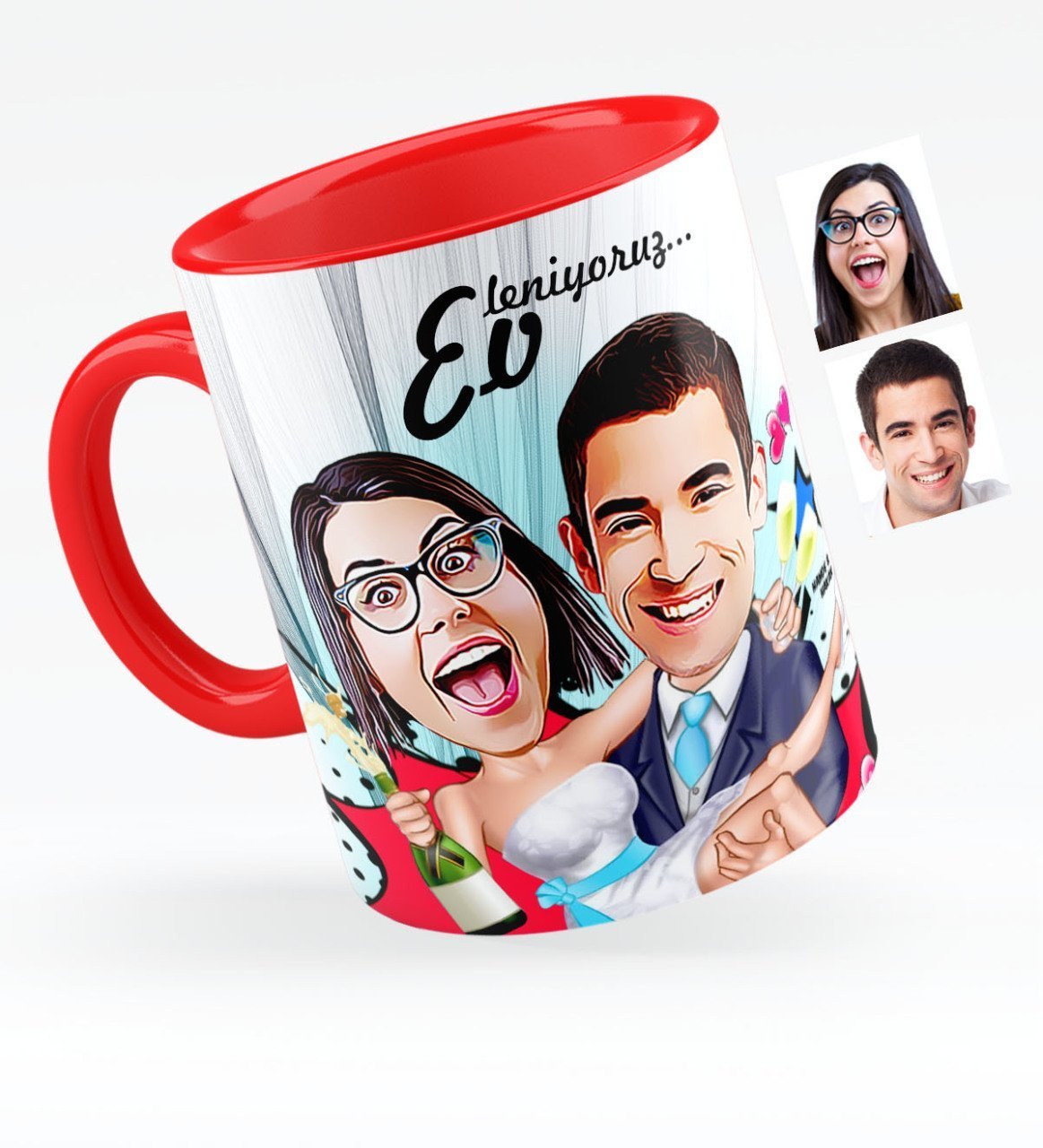 Kişiye Özel Evleniyoruz Karikatürlü Kırmızı Kupa Bardak - 4