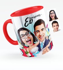 Kişiye Özel Evleniyoruz Karikatürlü Kırmızı Kupa Bardak - 4