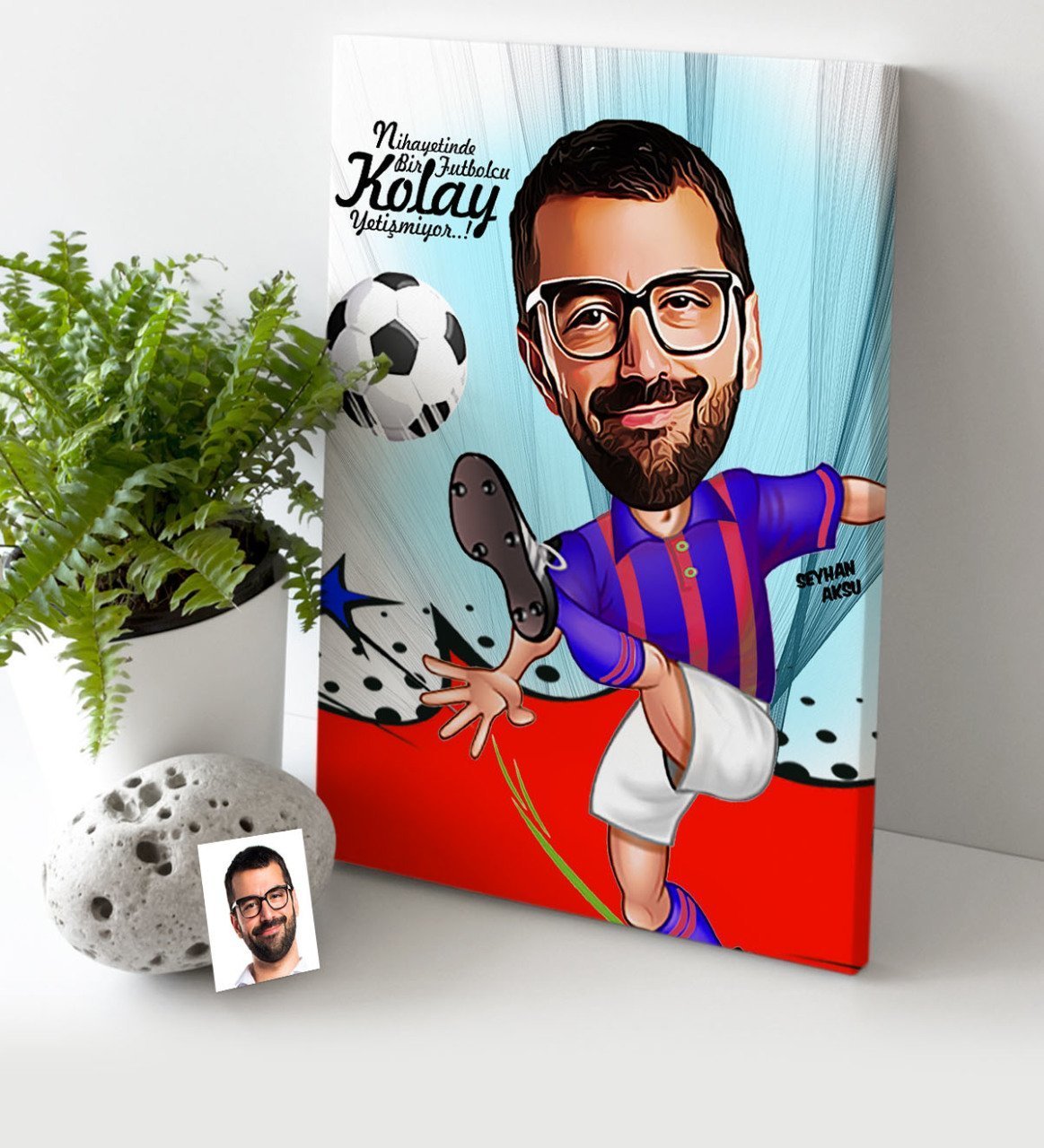 Kişiye Özel Bay Futbolcu Bordo Mavi Karikatür Kanvas Tablo (30 x 50 cm.) 1