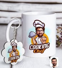 Kişiye Özel Erkek Chef Karikatürlü Beyaz Kupa ve Anahtarlık Hediye Seti-15