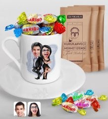 Kişiye Özel Sevgililer Karikatürlü Türk Kahvesi Fincanı Mehmet Efendi Kahve ve Haribo Şeker Hediye Seti-6