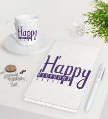 Kişiye Özel Happy Birthday Beyaz Defter Kalem Türk Kahvesi Fincanı Seti-3
