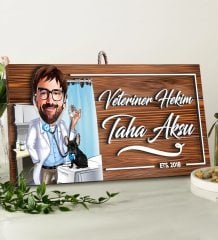 BK Gift Kişiye Özel Veteriner Hekim Karikatürlü Dekoratif Ahşap Tabela