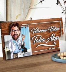 BK Gift Kişiye Özel Veteriner Hekim Karikatürlü Dekoratif Ahşap Tabela