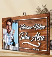 BK Gift Kişiye Özel Veteriner Hekim Karikatürlü Dekoratif Ahşap Tabela