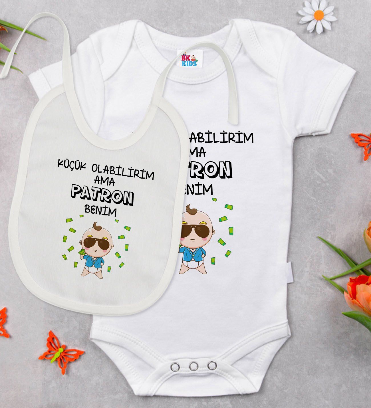 BK Kids Patron Benim Tasarımlı Beyaz Bebek Body Zıbın ve Mama Önlüğü Hediye Seti-1