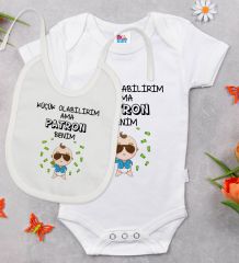 BK Kids Patron Benim Tasarımlı Beyaz Bebek Body Zıbın ve Mama Önlüğü Hediye Seti-1