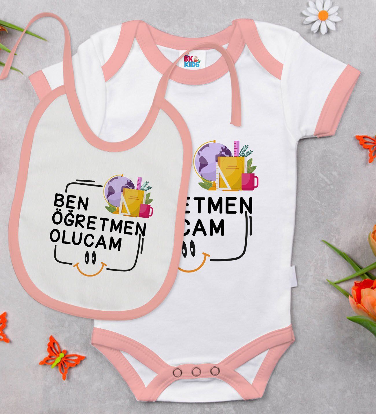 BK Kids Öğretmen Olucam Tasarımlı Pembe Bebek Body Zıbın ve Mama Önlüğü Hediye Seti-1