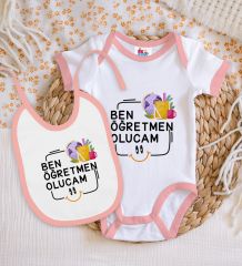 BK Kids Öğretmen Olucam Tasarımlı Pembe Bebek Body Zıbın ve Mama Önlüğü Hediye Seti-1