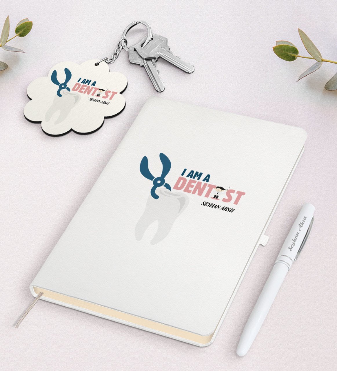 Kişiye Özel Diş Hekimi Beyaz Defter Kalem ve Anahtarlık Hediye Seti-1