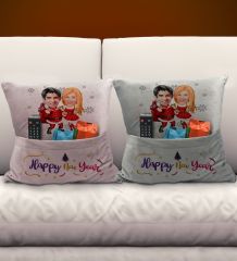 BK Gift Kişiye Özel Yılbaşı Karikatür Tasarımlı 2'li Organizer Kumanda ve Atıştırmalık Cepli Pembe&Gri Kırlent Yastık- 3, Yılbaşı Hediyesi, Yeni Yıl Hediyeleri
