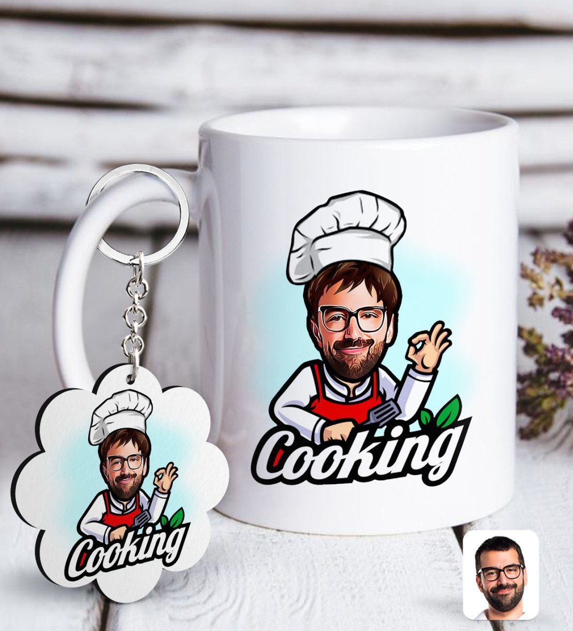 Kişiye Özel Erkek Chef Karikatürlü Beyaz Kupa ve Anahtarlık Hediye Seti-14