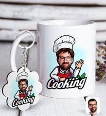 Kişiye Özel Erkek Chef Karikatürlü Beyaz Kupa ve Anahtarlık Hediye Seti-14