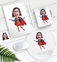 Kişiye Özel Süper Anne Karikatürlü Defter Kalem Kupa Mouse Pad Seti