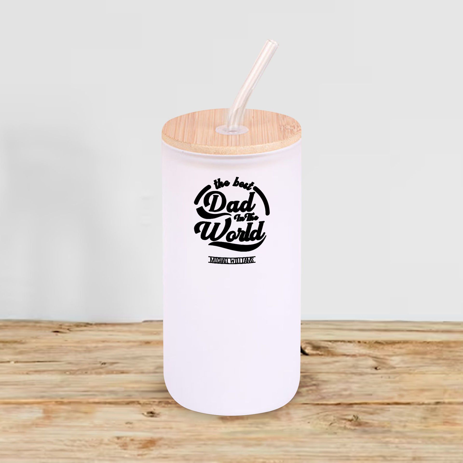 BK Gift İsimli Dad Tasarımlı Beyaz Renk Pipetli Buzlu Cam Bardak 600ml - 6, Babaya Hediye, Doğum Günü Hediyesi
