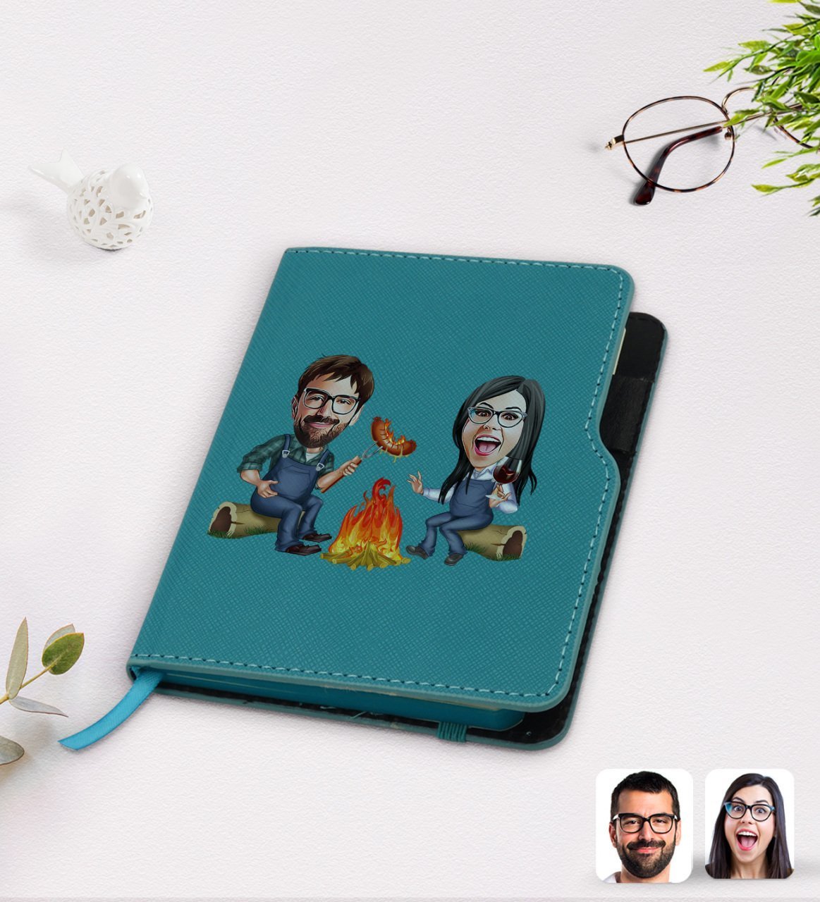 Kişiye Özel Sevgililer Karikatürlü Turkuaz Termo Deri Defter-95
