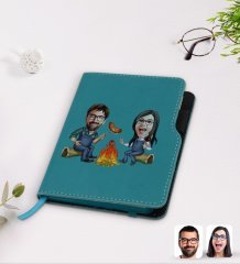 Kişiye Özel Sevgililer Karikatürlü Turkuaz Termo Deri Defter-95
