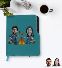 Kişiye Özel Sevgililer Karikatürlü Turkuaz Termo Deri Defter-95