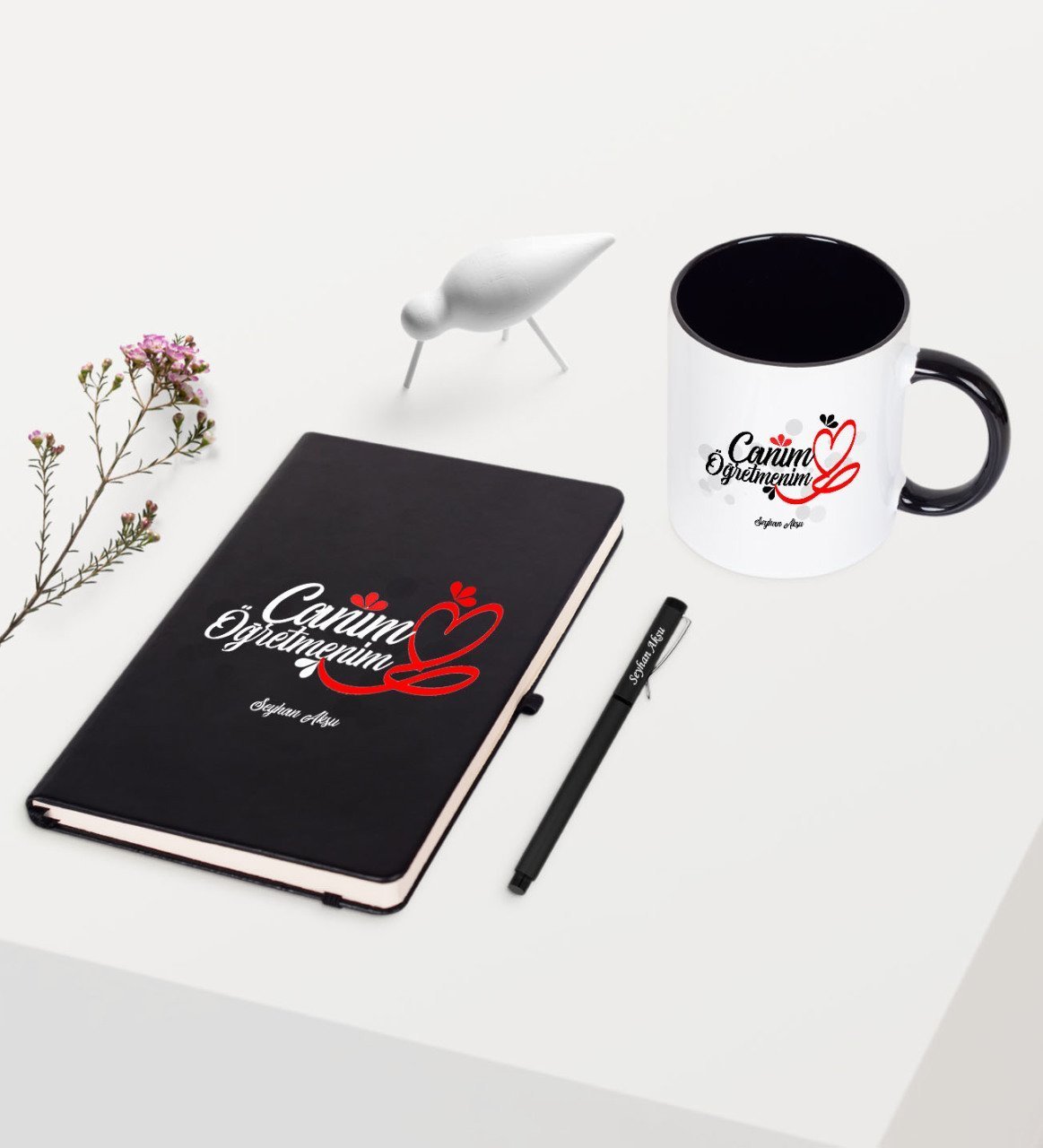 Kişiye Özel Canım Öğretmenim Temalı Siyah Defter Kalem Kupa Seti - 1