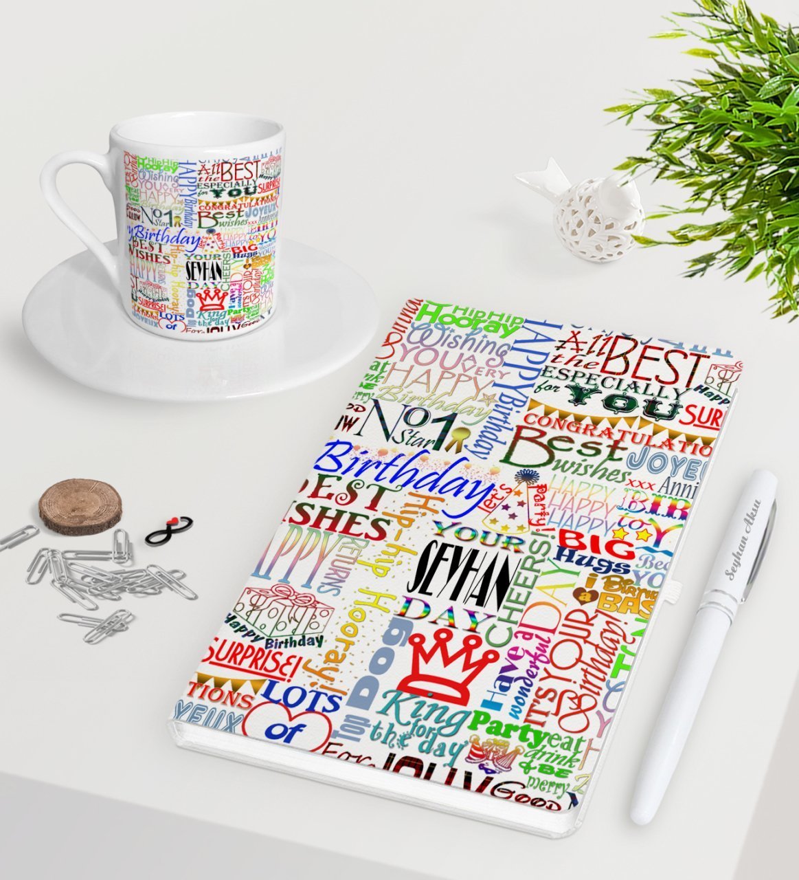 Kişiye Özel Happy Birthday Beyaz Defter Kalem Türk Kahvesi Fincanı Seti-2