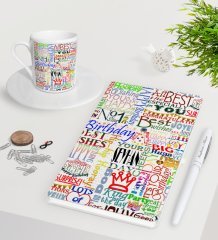 Kişiye Özel Happy Birthday Beyaz Defter Kalem Türk Kahvesi Fincanı Seti-2