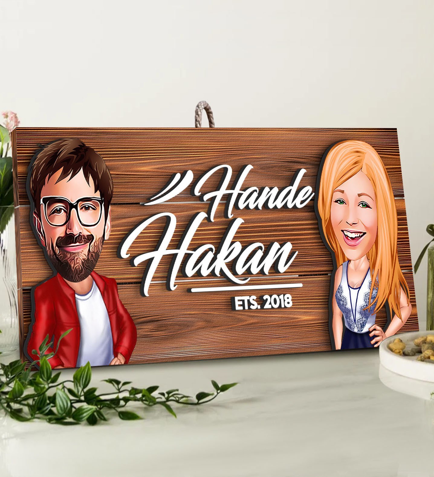 BK Gift Kişiye Özel Sevgililer Karikatürlü Dekoratif Ahşap Tabela