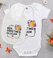 BK Kids Öğretmen Olucam Tasarımlı Beyaz Bebek Body Zıbın ve Mama Önlüğü Hediye Seti-1