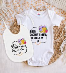 BK Kids Öğretmen Olucam Tasarımlı Beyaz Bebek Body Zıbın ve Mama Önlüğü Hediye Seti-1