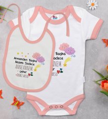 BK Kids Kişiye Özel Anneannem Tasarımlı Pembe Bebek Body Zıbın ve Mama Önlüğü Hediye Seti