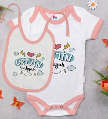 BK Kids Orjin Trakyalı Tasarımlı Pembe Bebek Body Zıbın ve Mama Önlüğü Hediye Seti-1