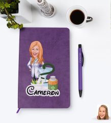Kişiye Özel Kadın Eczacı Karikatürlü Mor Termo Deri Defter Kalem Seti Model 2