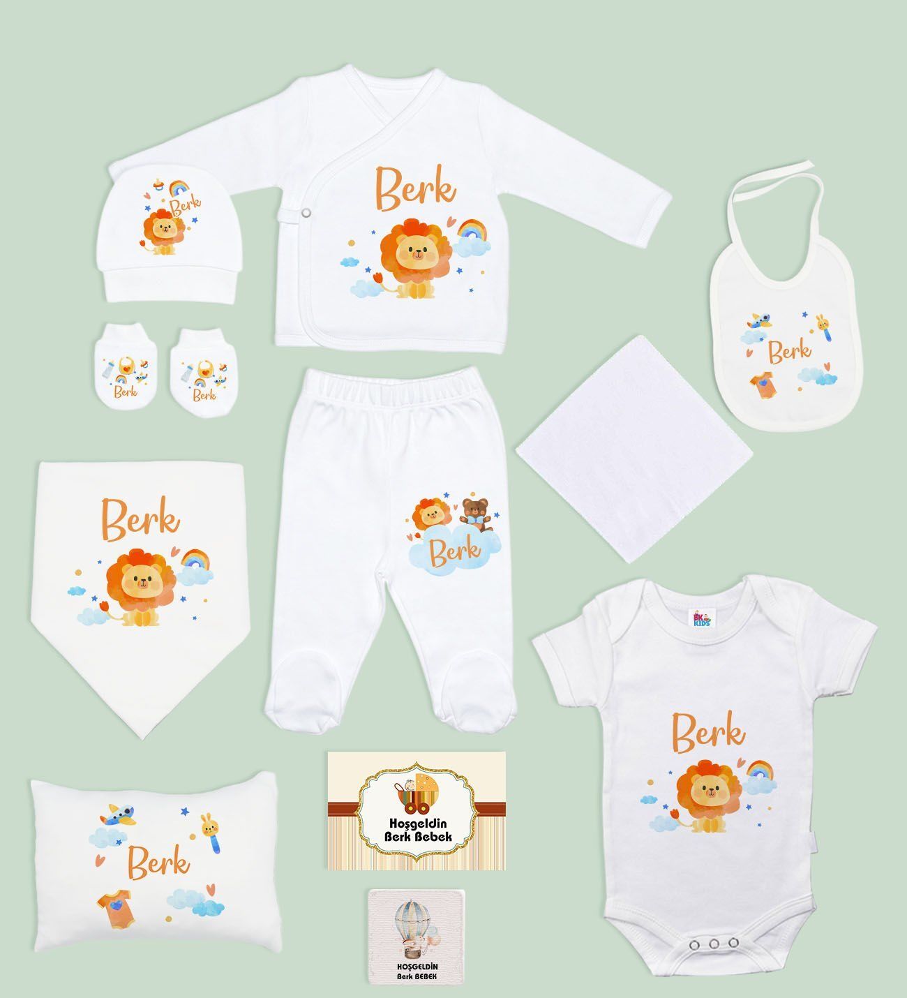 BK Kids Kişiye Özel 11 Parça Beyaz Hastane Çıkışı Body Zıbın Battaniye ve Yastık Hediye Seti-7