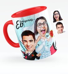 Kişiye Özel Evleniyoruz Karikatürlü Kırmızı Kupa Bardak - 2