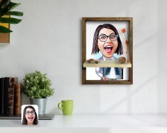 Kişiye Özel Kadın Radyolojist Karikatürlü Doğal Masif Ahşap Çerçeveli Tablo Duvar Rafı-1