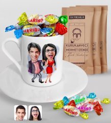 Kişiye Özel Sevgililer Karikatürlü Türk Kahvesi Fincanı Mehmet Efendi Kahve ve Haribo Şeker Hediye Seti-4