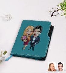 Kişiye Özel Sevgililer Karikatürlü Turkuaz Termo Deri Defter-94