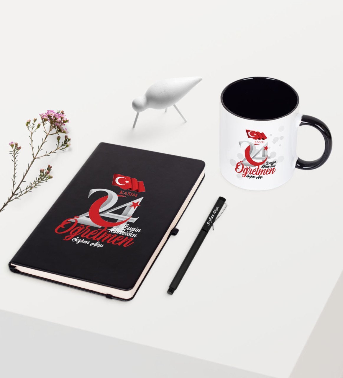 Kişiye Özel Bugün Günlerden Öğretmen Temalı Siyah Defter Kalem Kupa Seti - 2