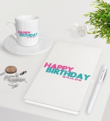 Kişiye Özel Happy Birthday Beyaz Defter Kalem Türk Kahvesi Fincanı Seti-1
