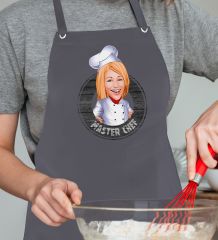 BK Gift Kişiye Özel Kadın Master Chef Karikatürlü Profesyonel Antrasit Mutfak Önlüğü, Aşçı Önlüğü, Şef Önlüğü, Arkadaşa Hediye-1
