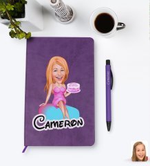 Kişiye Özel Kadın Doğum Günü Karikatürlü Mor Termo Deri Defter Kalem Seti Model 2