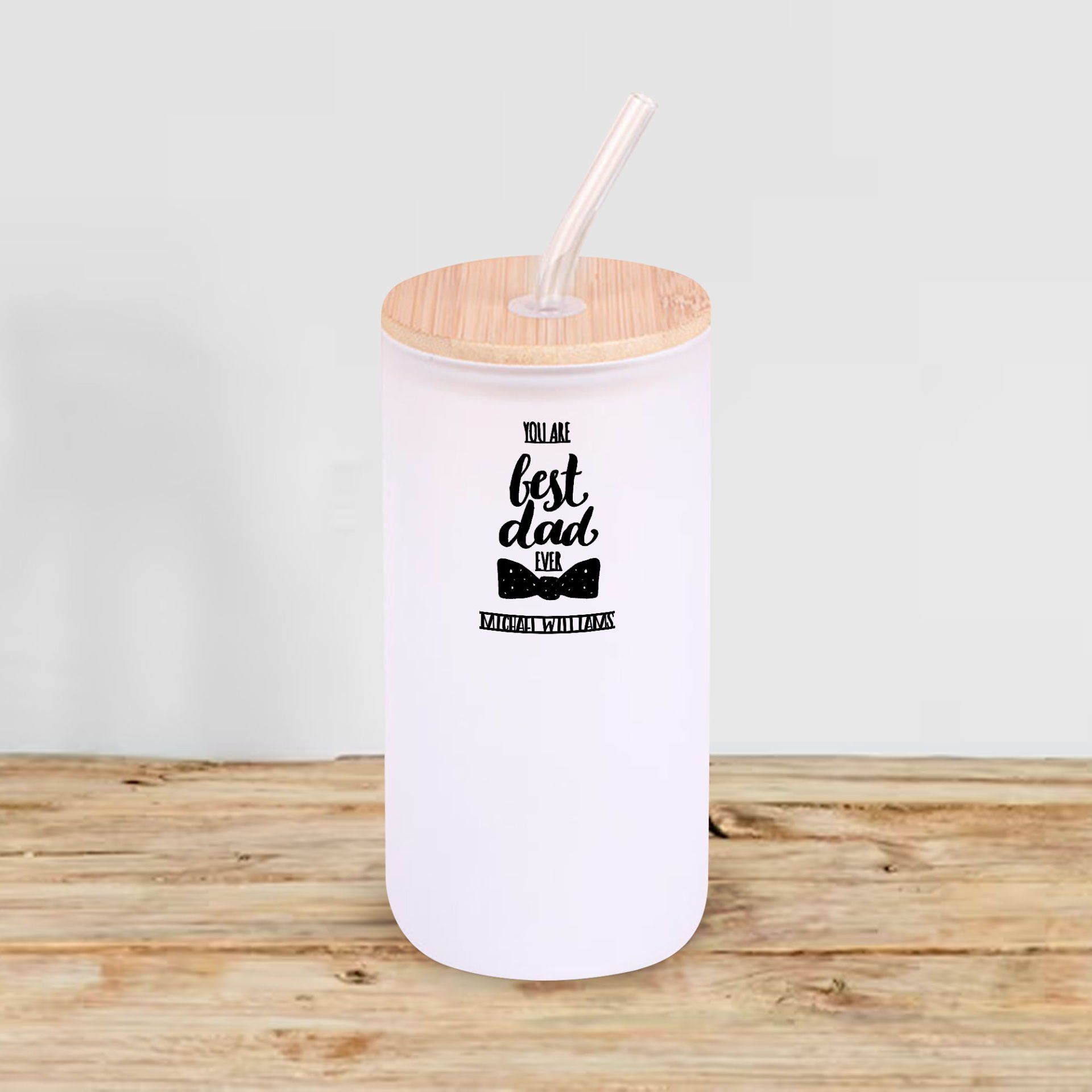 BK Gift İsimli Dad Tasarımlı Beyaz Renk Pipetli Buzlu Cam Bardak 600ml - 4, Babaya Hediye, Doğum Günü Hediyesi