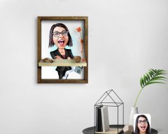 Kişiye Özel Kadın Muhasebeci Karikatürlü Doğal Masif Ahşap Çerçeveli Tablo Duvar Rafı-2