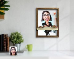 Kişiye Özel Kadın Muhasebeci Karikatürlü Doğal Masif Ahşap Çerçeveli Tablo Duvar Rafı-2