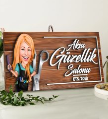 BK Gift Kişiye Özel Güzellik Salonu Karikatürlü Dekoratif Ahşap Tabela